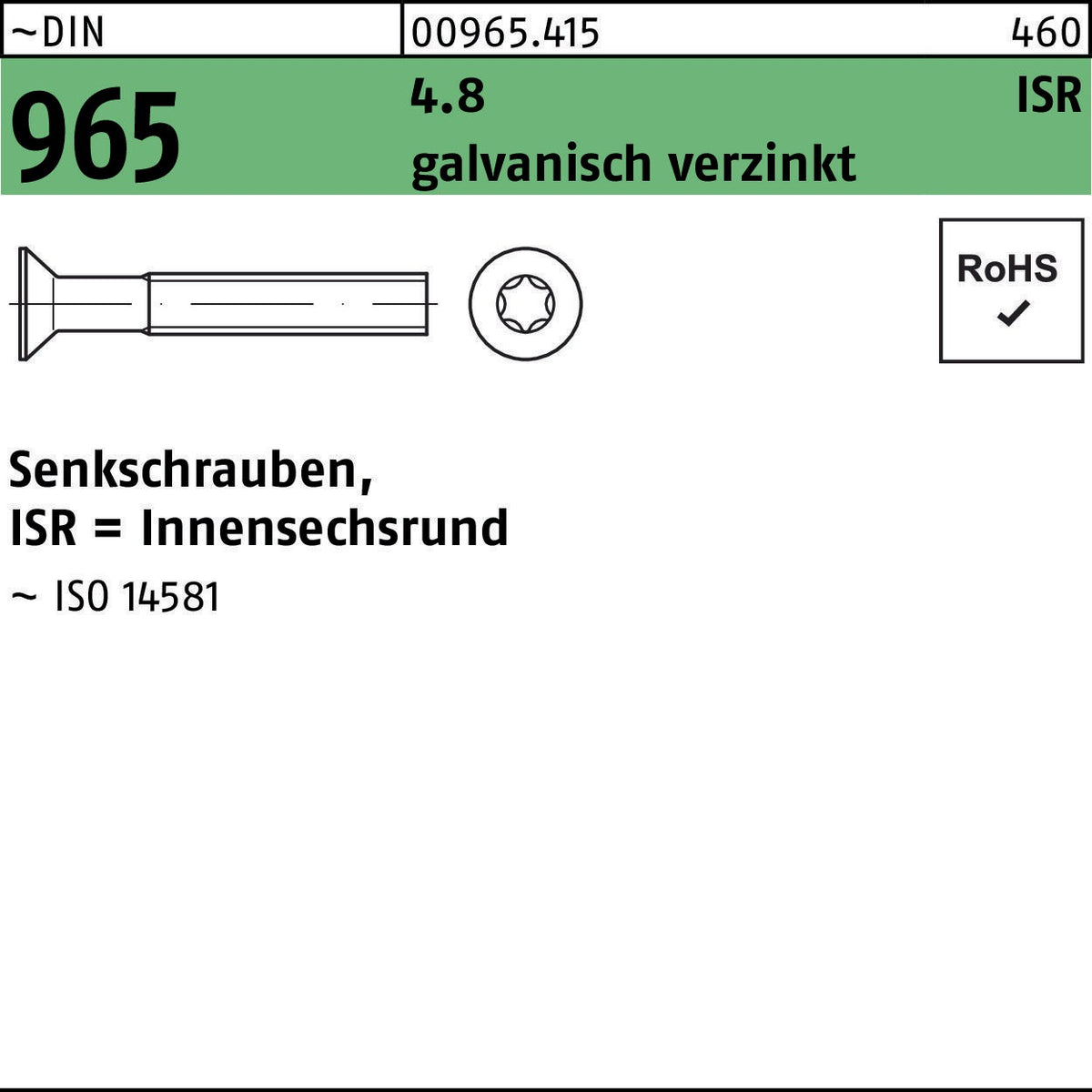 F. REYHER Senkschraube DIN 965 ISR M4x25-T20 4.8 galvanisch verzinkt – 1000 Stück