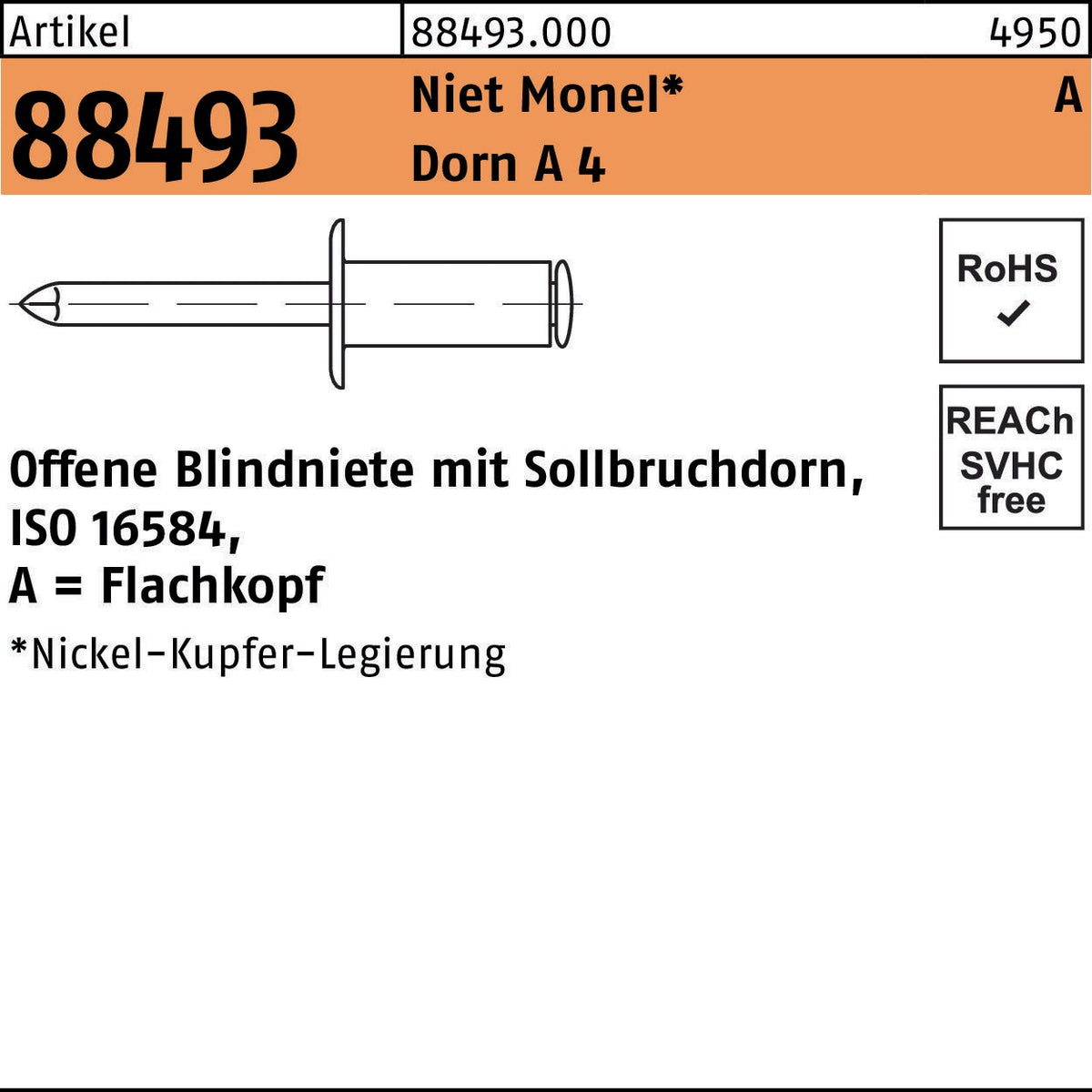 F. REYHER Blindniete R 88493 Flachkopf 3,2 x 6 mm Monel/Dorn A4