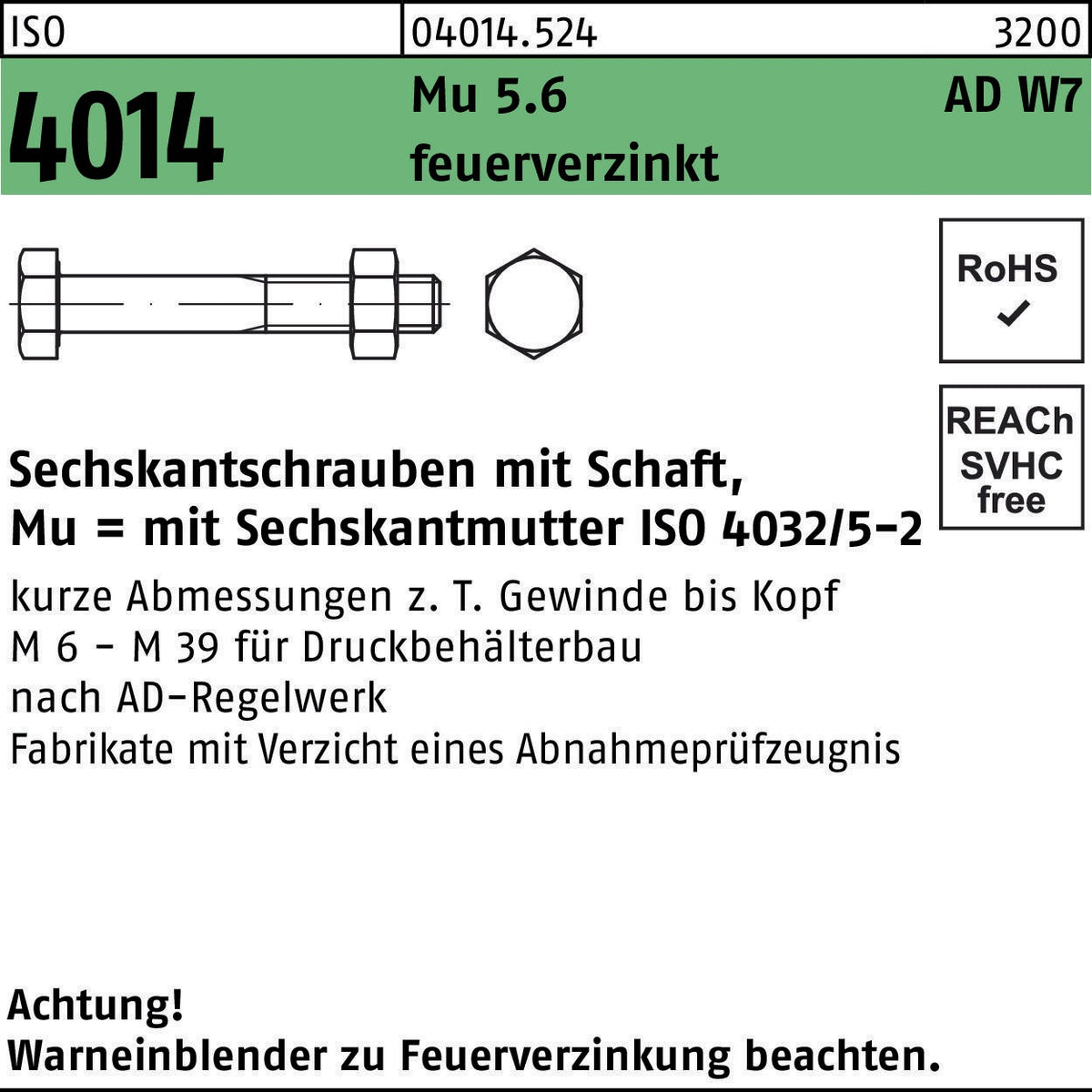F. REYHER Sechskantschraube ISO 4014 M12x50 Mu 5.6 feuerverzinkt 100 Stück