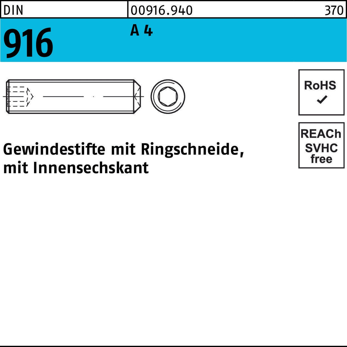 F. REYHER Gewindestift DIN 916 M12x35 A4 mit Ringschneide & Innensechskant