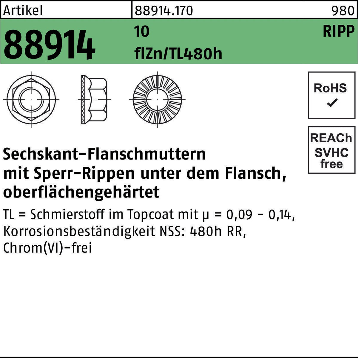 REYHER Sechskantflanschmutter R 88914 Sperr-Ripp M5