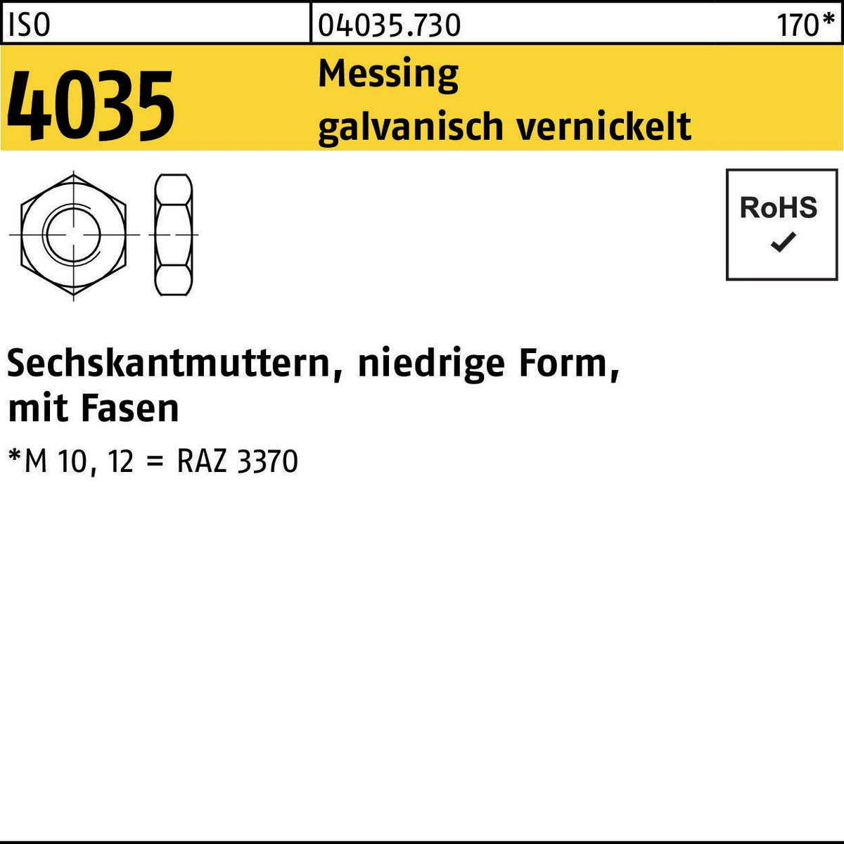 Sechskantmutter ISO 4035 niedrig Fasen M12 Messing 100 Stück von F. REYHER