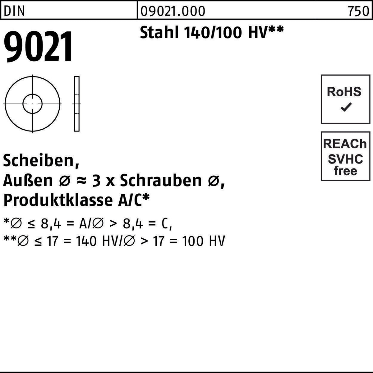 F. REYHER Unterlegscheiben DIN 9021 Stahl 140/100 HV 2,7 x 8 x 0,8 mm – 10.000 Stück