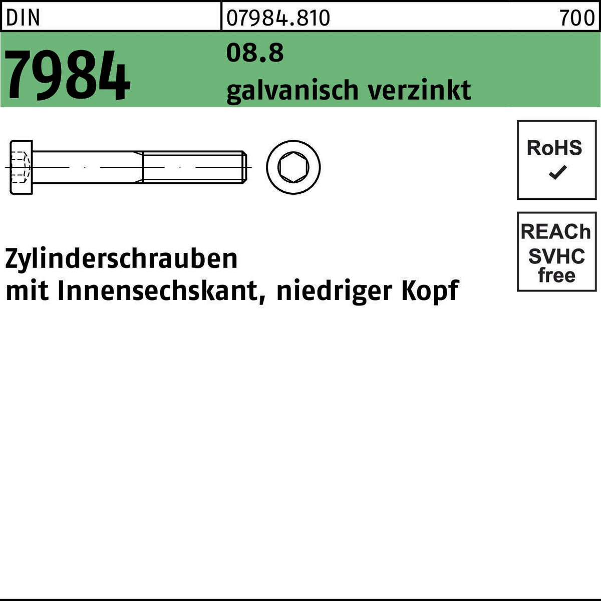 REYHER Zylinderschraube DIN 7984 M10x12 8.8 galvanisch verzinkt