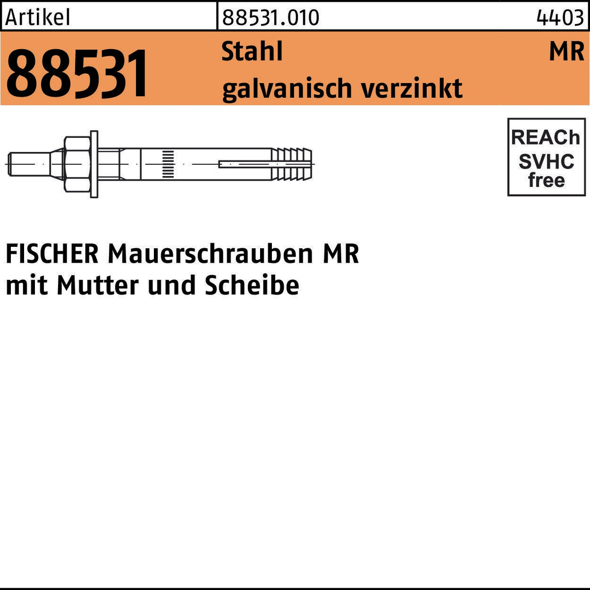 FISCHER Mauerschraube MR 8x70 Stahl galvanisch verzinkt – 25 Stück
