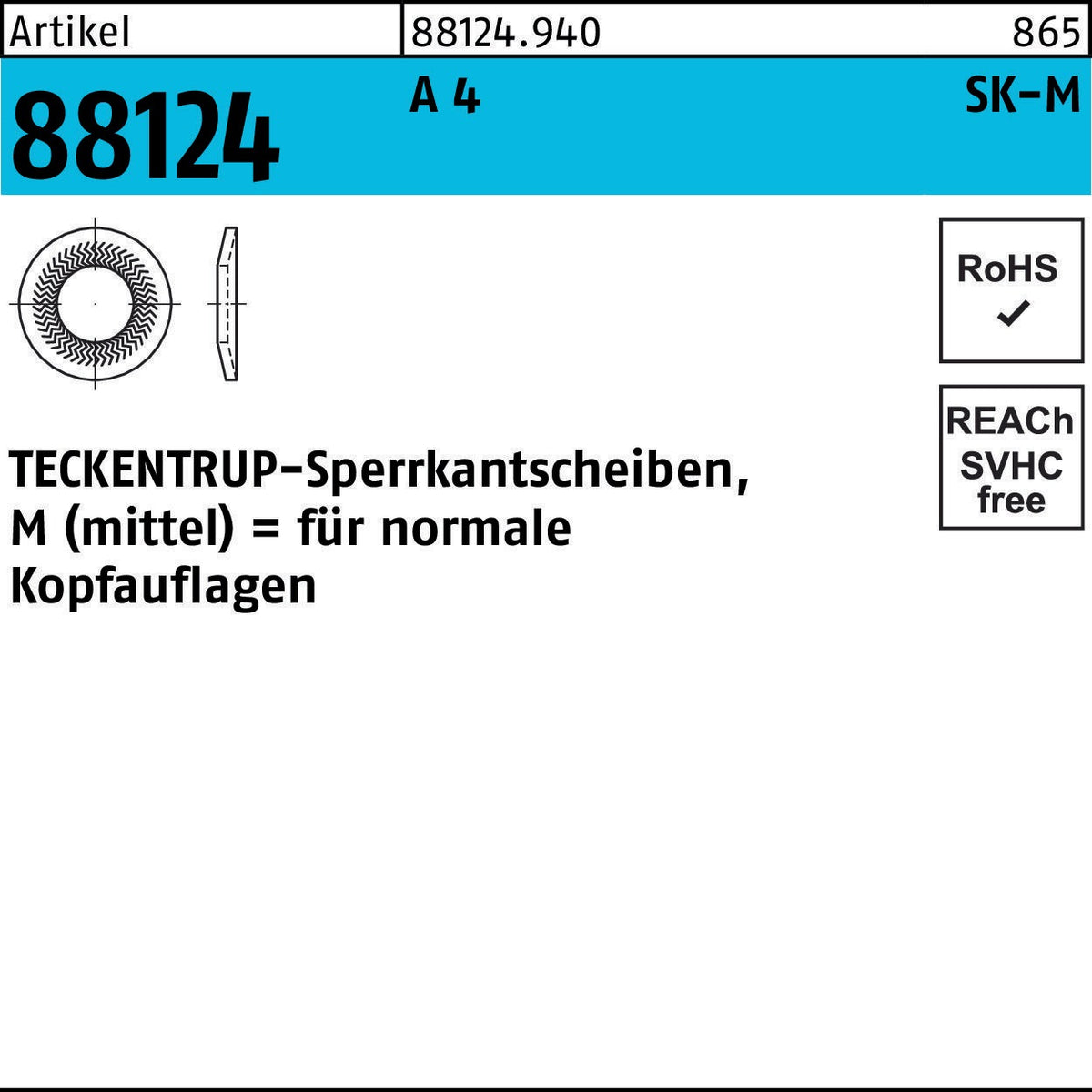 TECKENTRUP Sperrkantscheibe R 88124 M4x10,2x1 Federstahl zinklamellenbeschichtet 1000 Stück