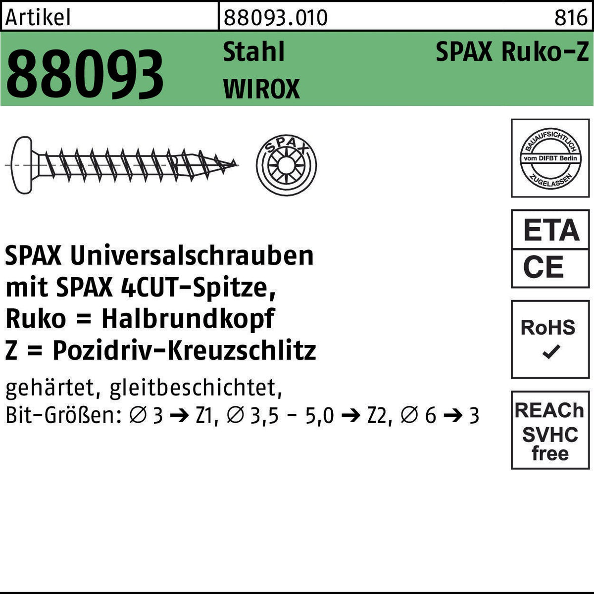 SPAX Universalschrauben Ruko-Z 6x25 mm WIROX Stahl – 500 Stück Senkschrauben