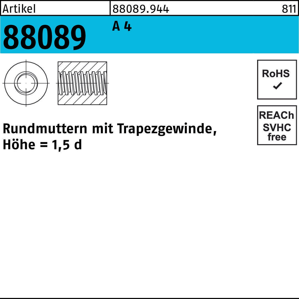 F. REYHER Rundmutter R 88089 mit Trapezgewinde TR 12 x 3 – Stahl
