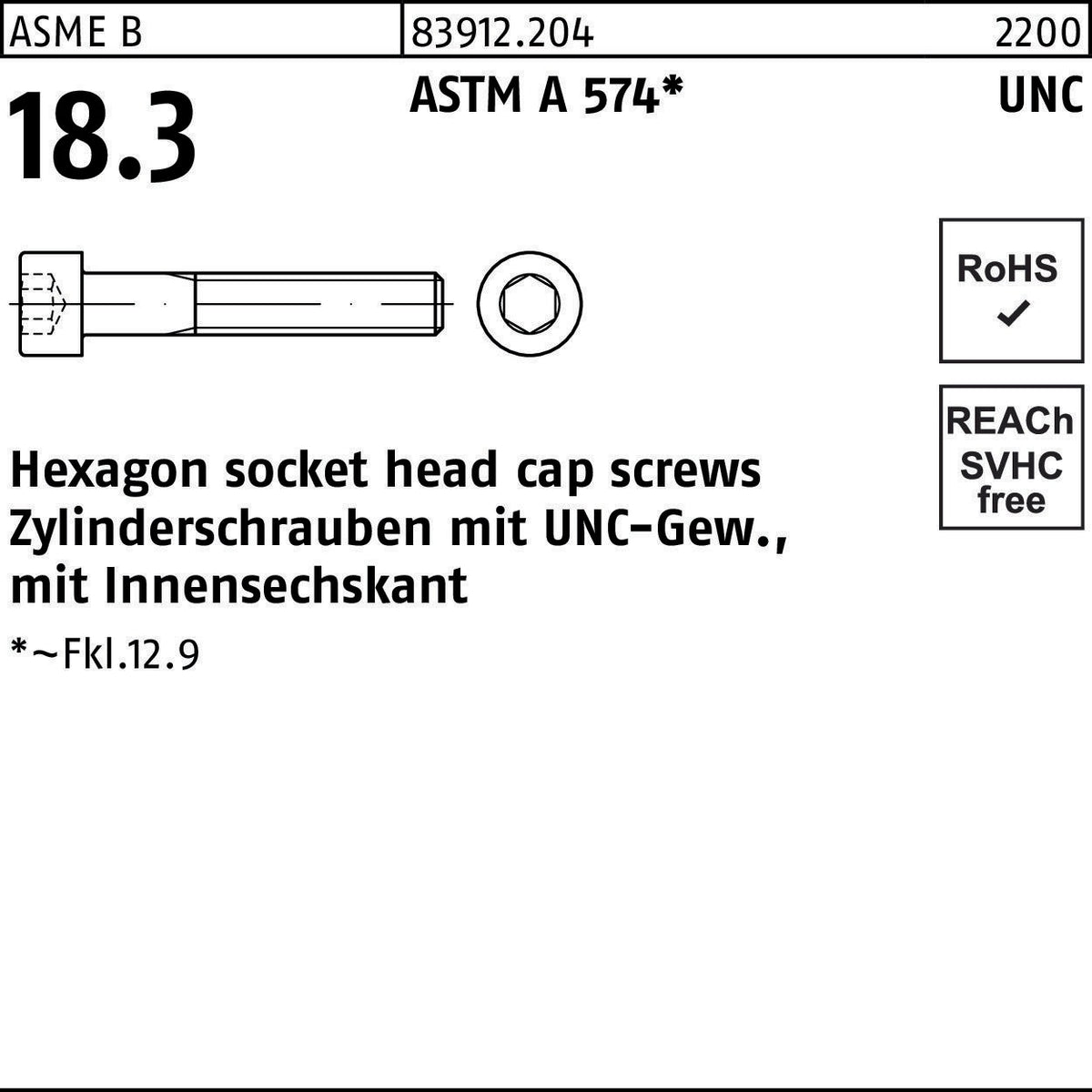 REYHER Zylinderschraube UNC 1/4 x 1/2 Zoll Innen-6-kant ASTM A 574
