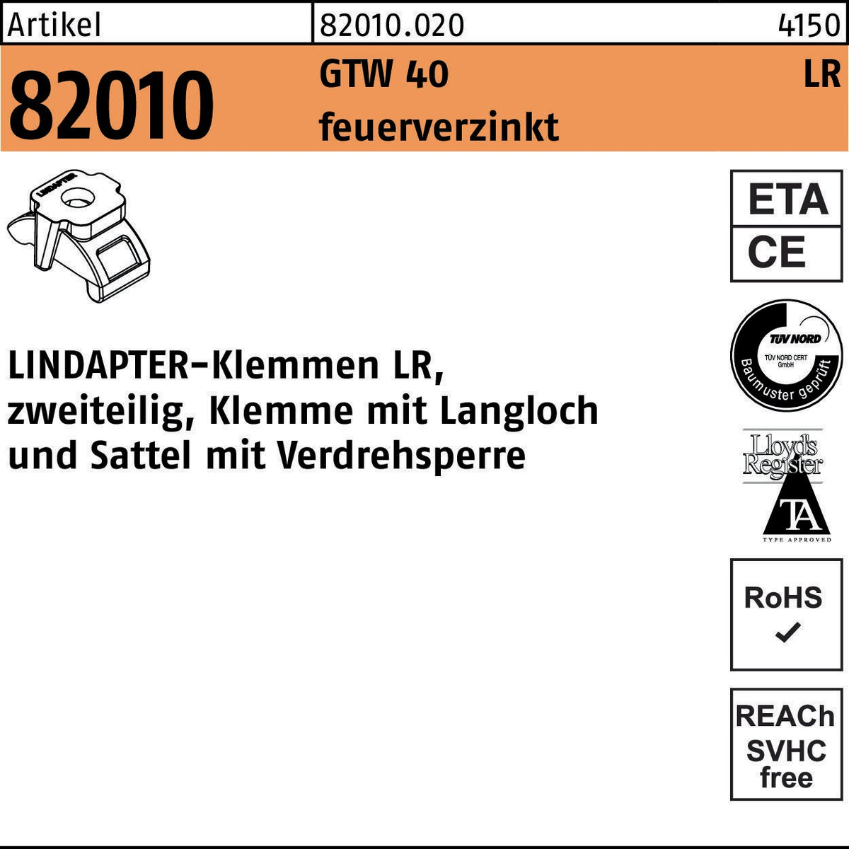LINDAPTER Klemme R 82010 GTW 40 LR – M12/3-12, galvanisch verzinkt, zweiteilig