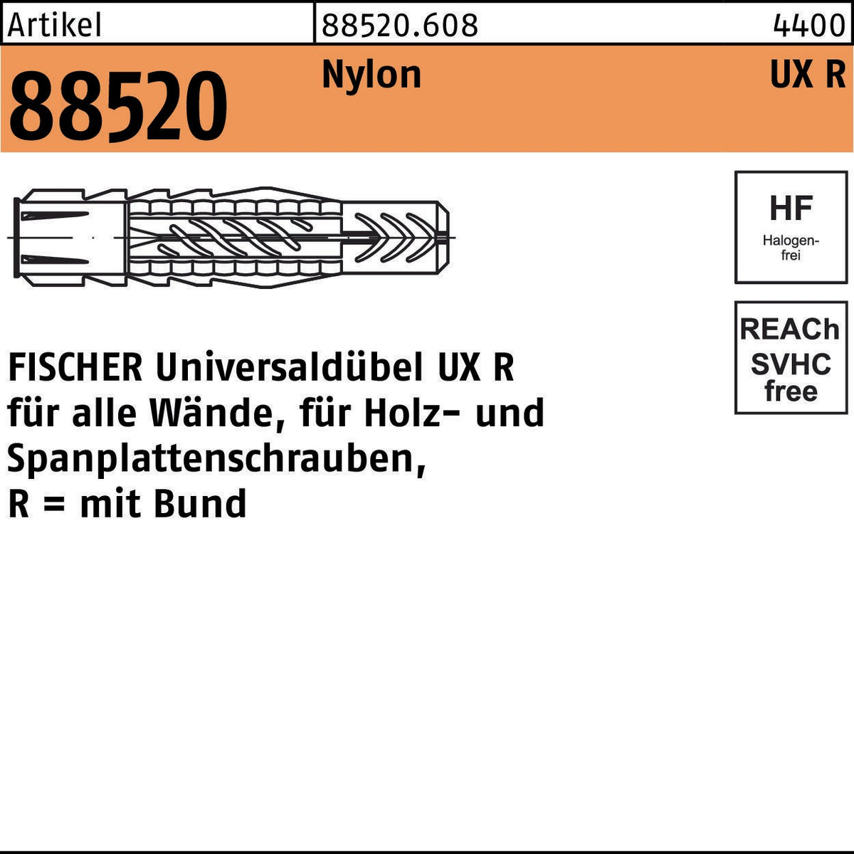 FISCHER Universaldübel UX 6x35 Nylon – 100 Stück für alle Wände