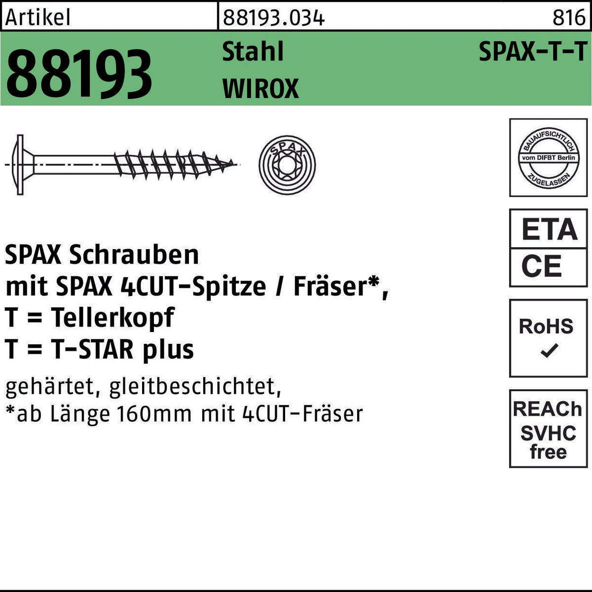 SPAX Tellerkopfschraube R 88193 6x60/56 T-STAR T30 Stahl WIROX 200 Stk.