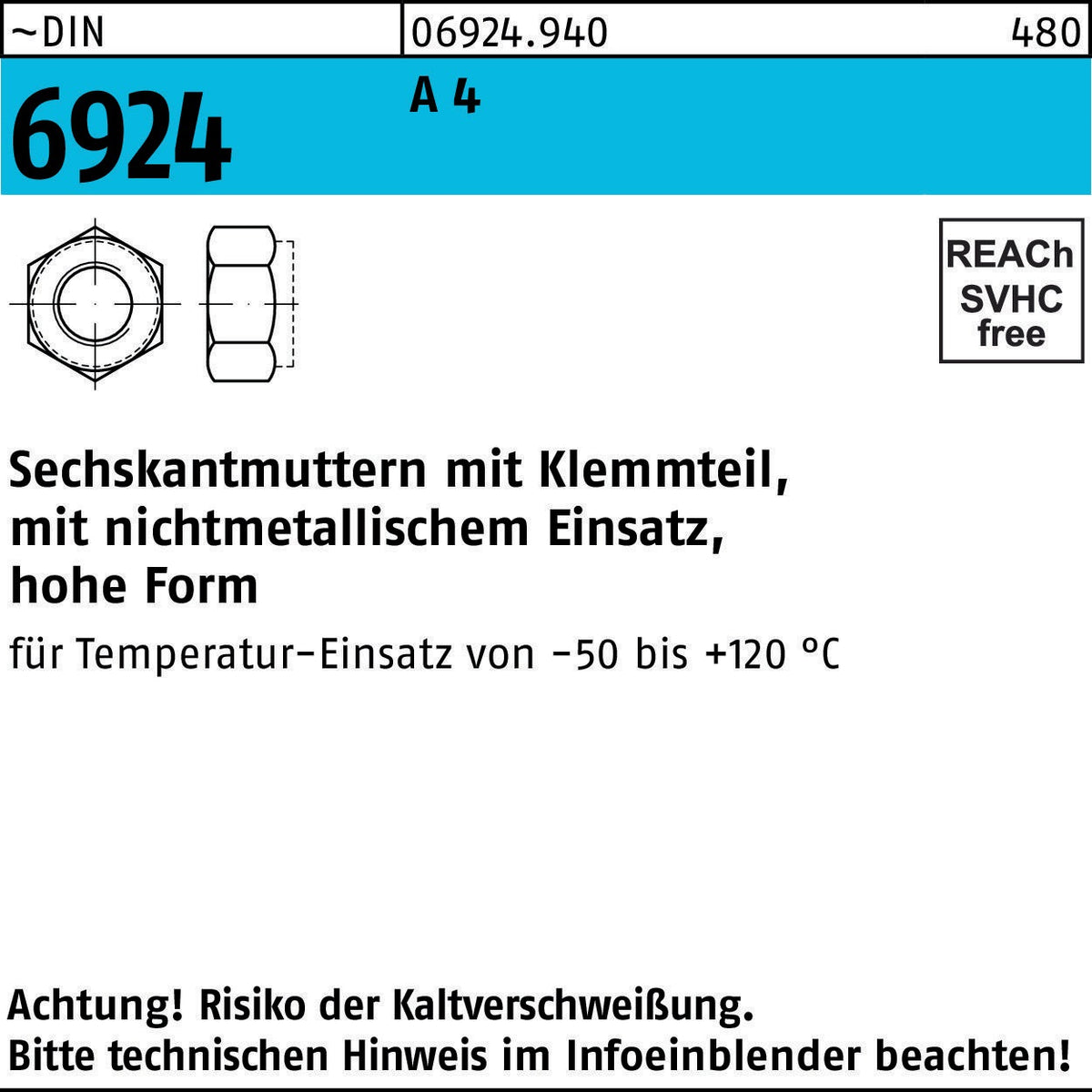 F. REYHER Sechskantmutter DIN 6924 mit Klemmteil M10 galvanisch verzinkt – 100 Stück