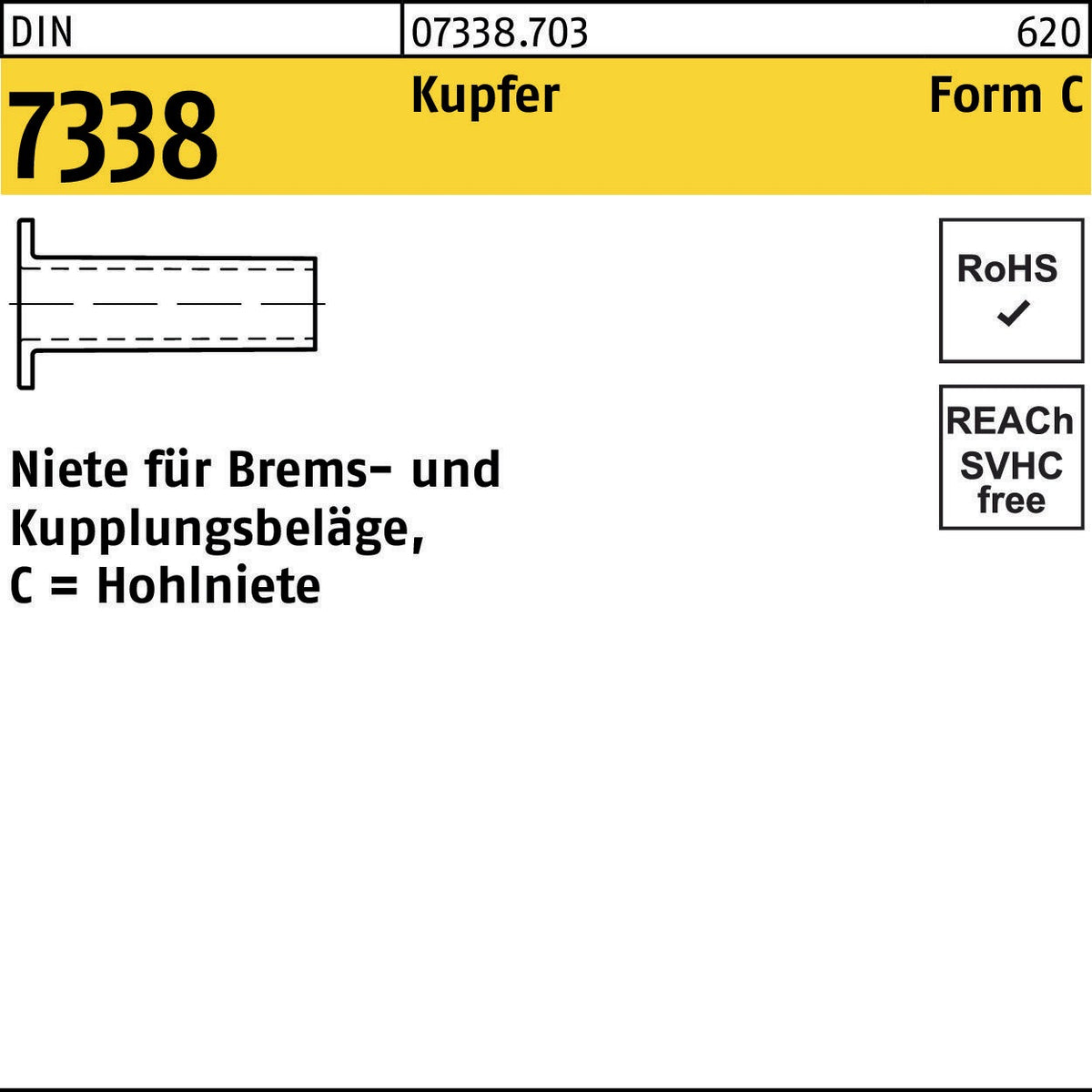 F. REYHER Niete DIN 7338 Form B 3x8 mm Kupfer, 100 Stück – Halbhohlniete für Brems- und Kupplungsbeläge