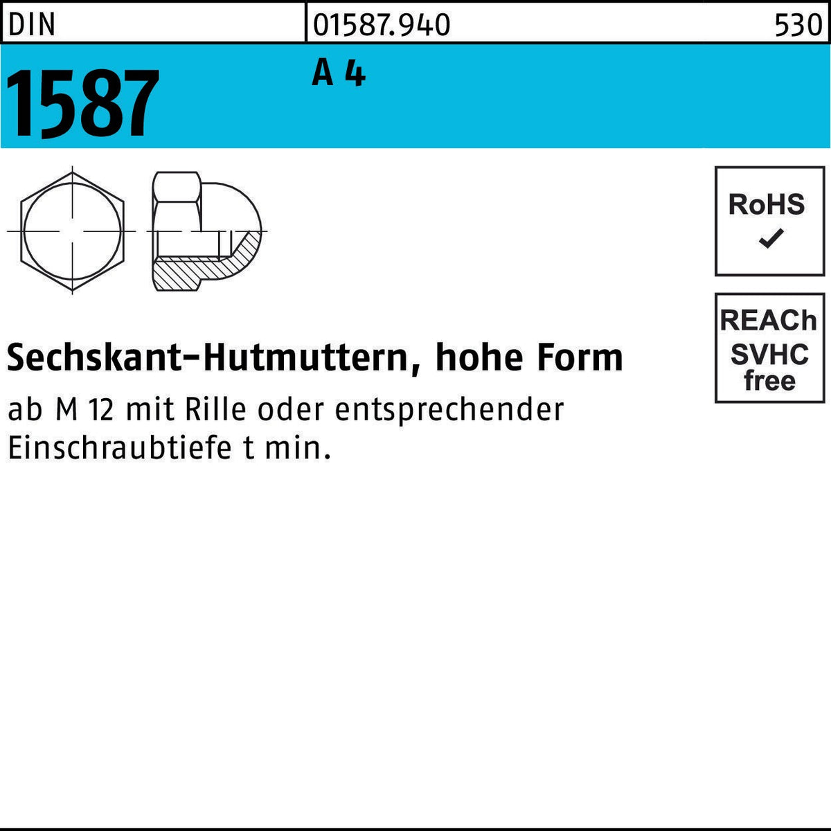 F. REYHER Sechskanthutmutter DIN 1587 M8 Messing, 250 Stück, Hohe Form