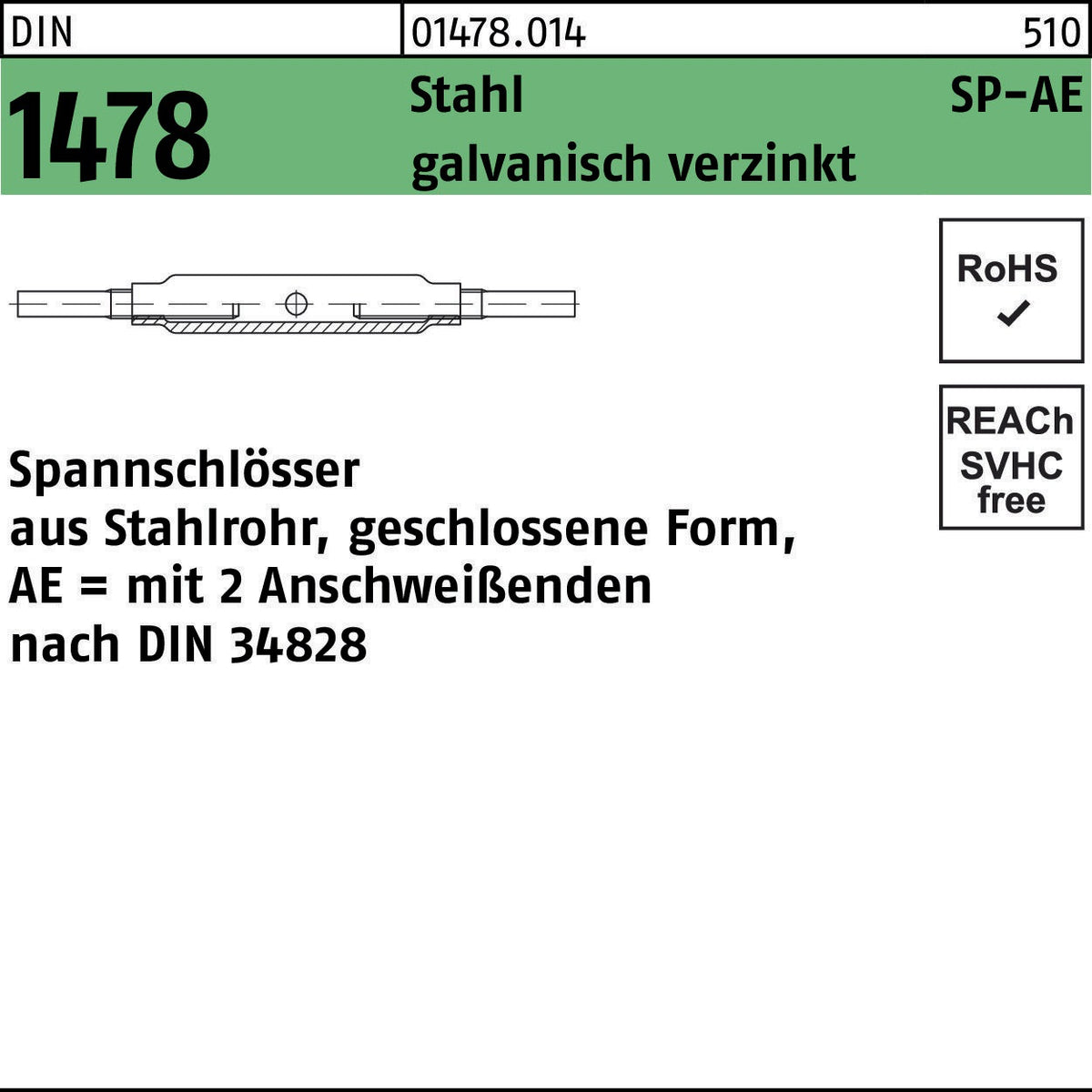 F. REYHER Spannschloss DIN 1478 geschlossen SP-AE M8 Stahl 3.6 galvanisch verzinkt