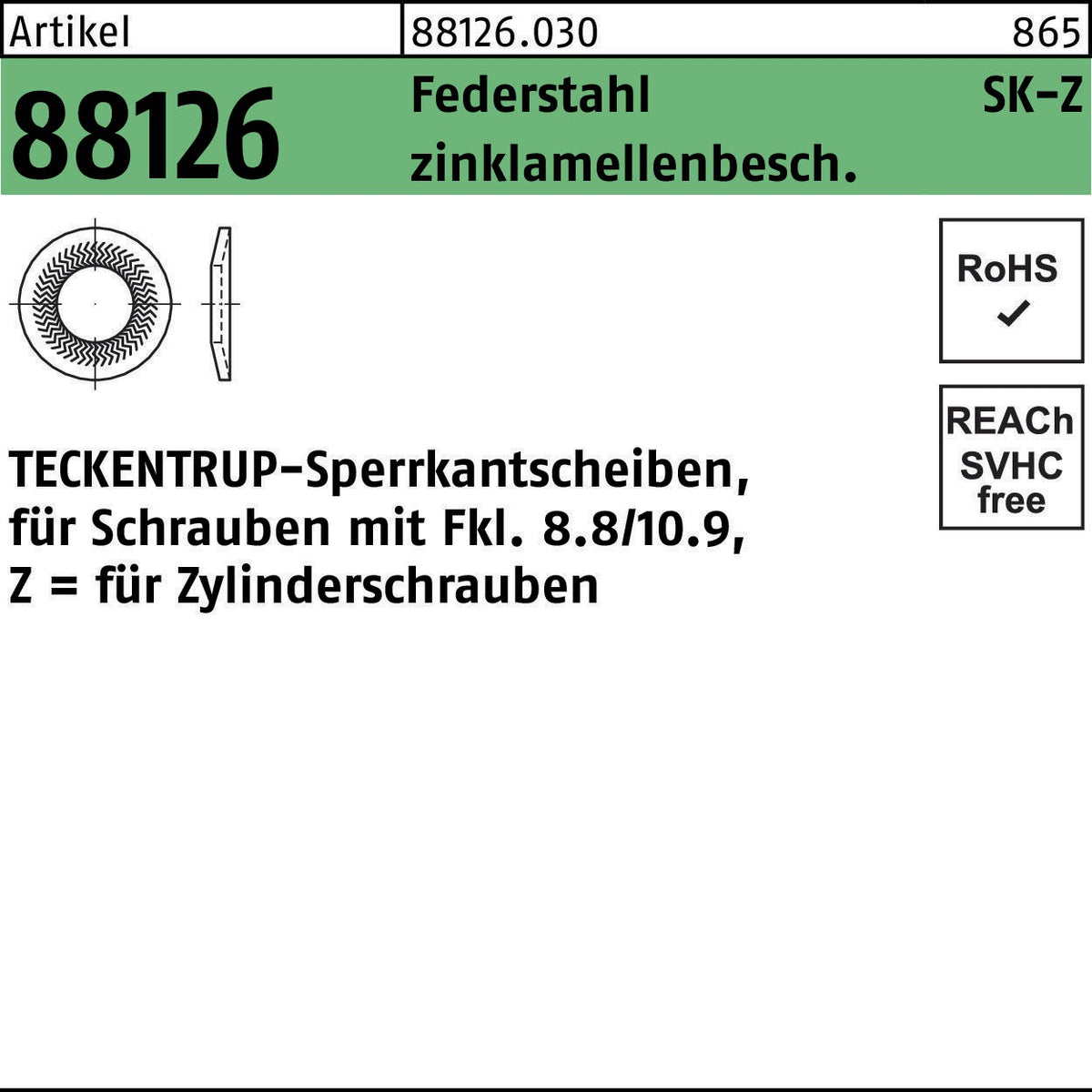 TECKENTRUP Sperrkantscheibe R 88126 Form Z 6x9,9x1,4 mm Federstahl zinklamellenbeschichtet 1000 Stück