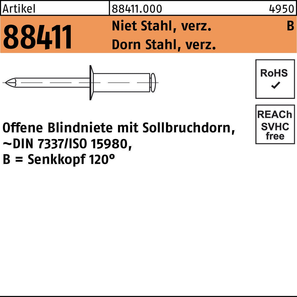 Blindniete R 88411 SEKO 3x6 Stahl verzinkt Senkkopf 120° – 500 Stück