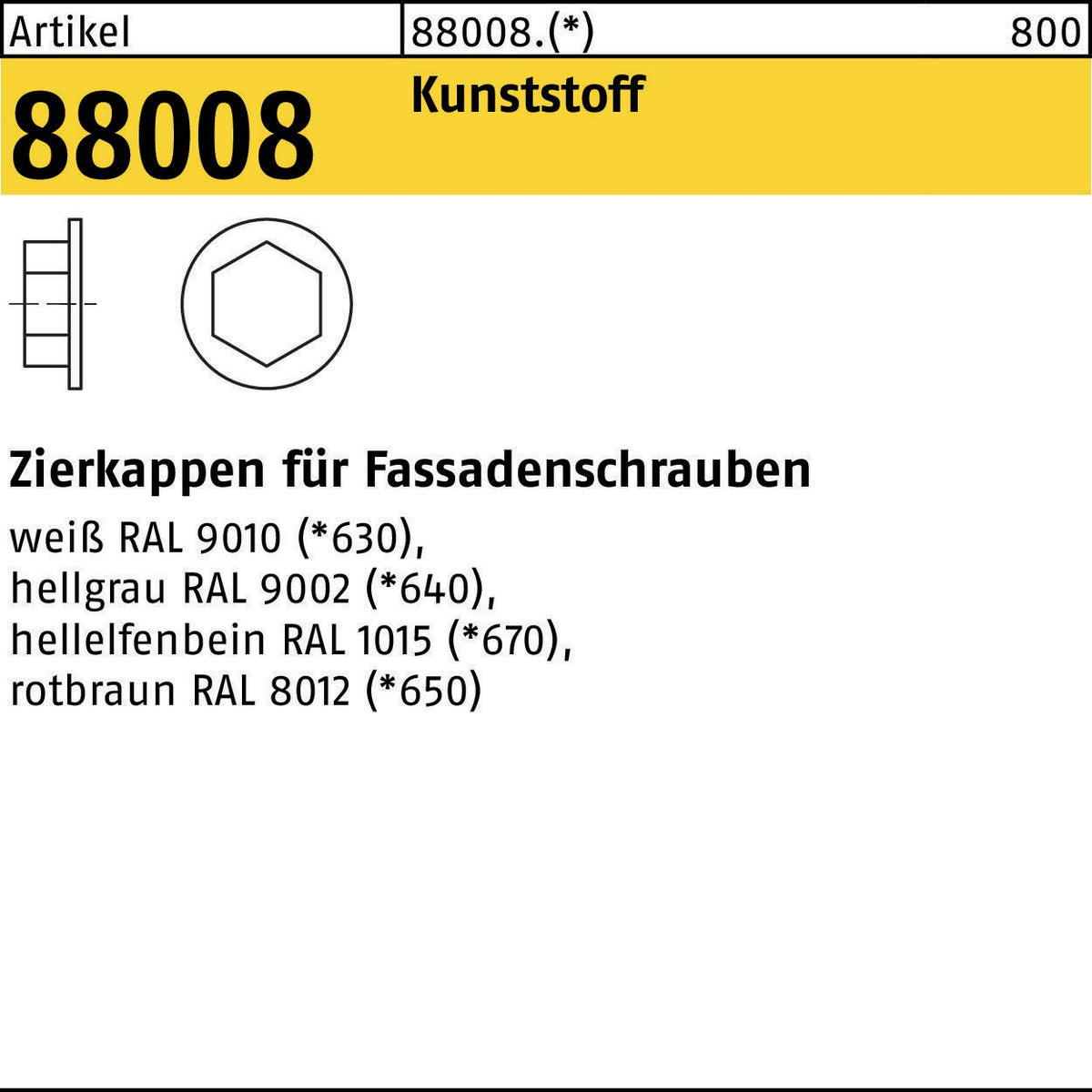 REYHER Zierkappe R 88008 für Fassadenschrauben SW 3/8, Kunststoff weiß
