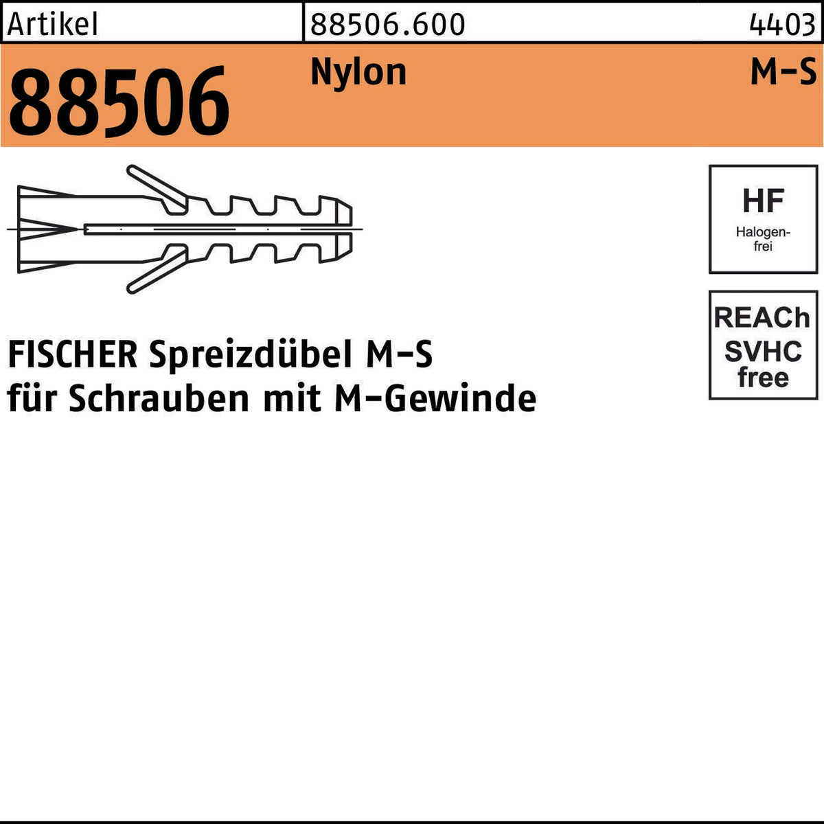 FISCHER Spreizdübel M-S M6 S/40 Nylon – 100 Stück für M-Gewindeschrauben