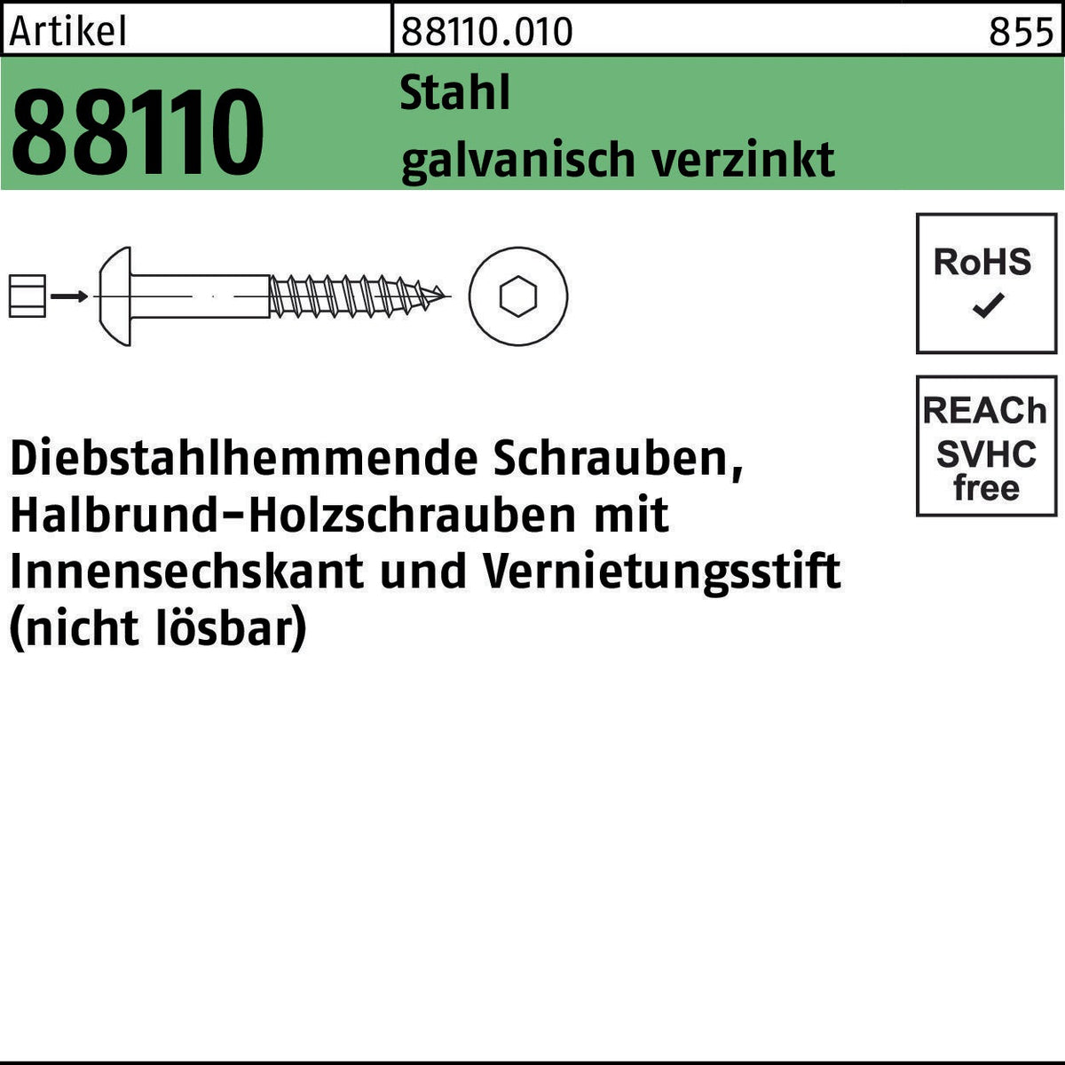 Ruko Schraube R 88110 diebstahlhemmend 8x50 mm Stahl galvanisch verzinkt