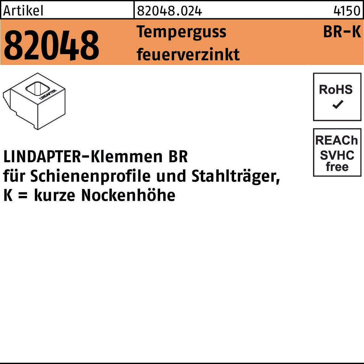 LINDAPTER Klemme R 82048 GTW 40 BR 12/4,0 Temperguss galvanisch verzinkt