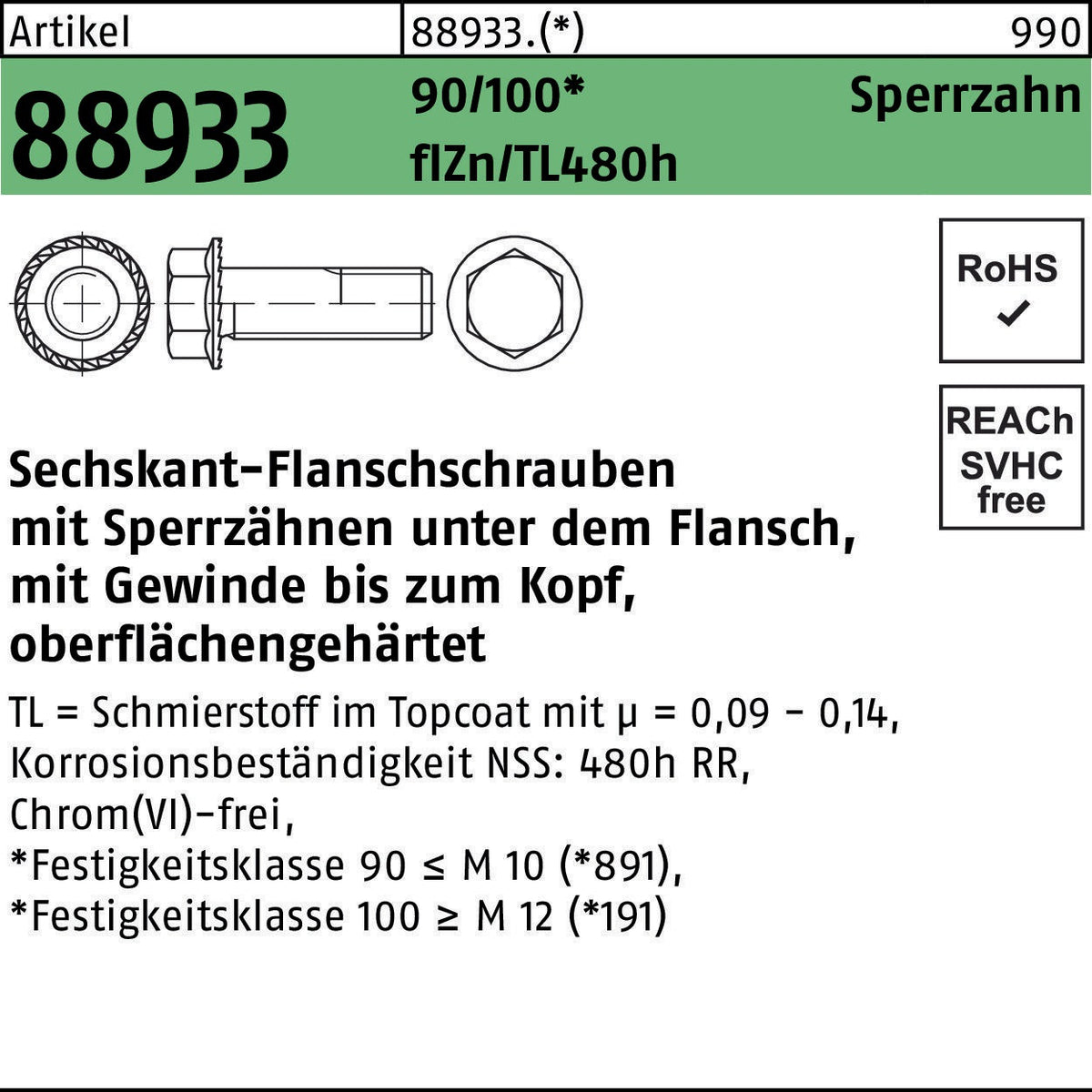 F. REYHER Sechskantflanschschraube R 88933 Sperrzahn M12x20 VG 100 Stück