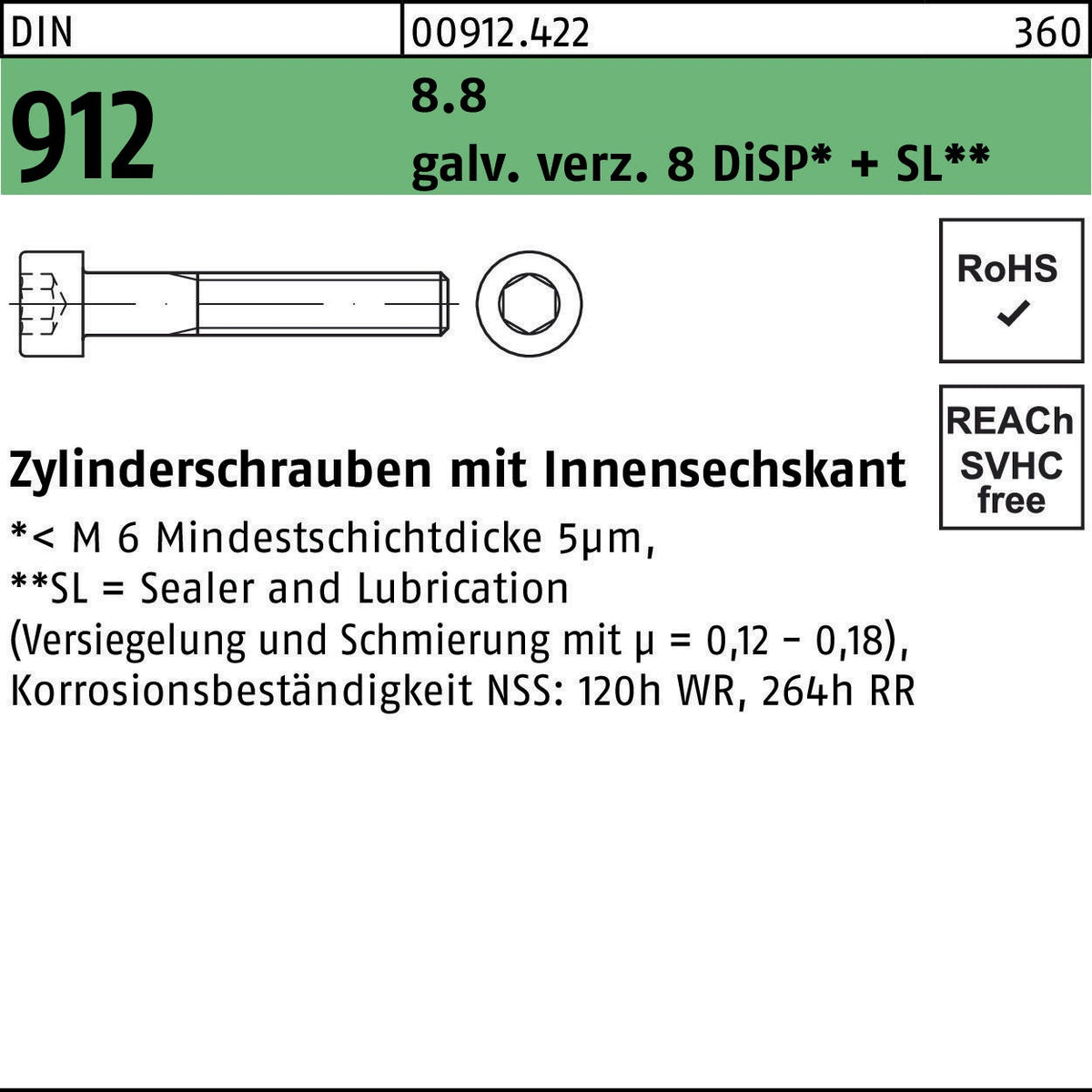 F. REYHER Zylinderschraube DIN 912 Innensechskant M3x6 8.8 galvanisch verzinkt 500 Stück