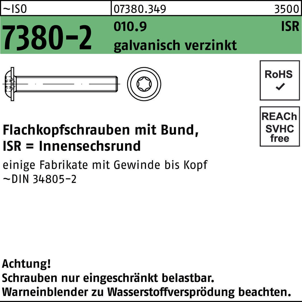 F. REYHER Flachkopfschraube ISO 7380-2 M3x10-T10 10.9 galv. verzinkt 500 Stk.