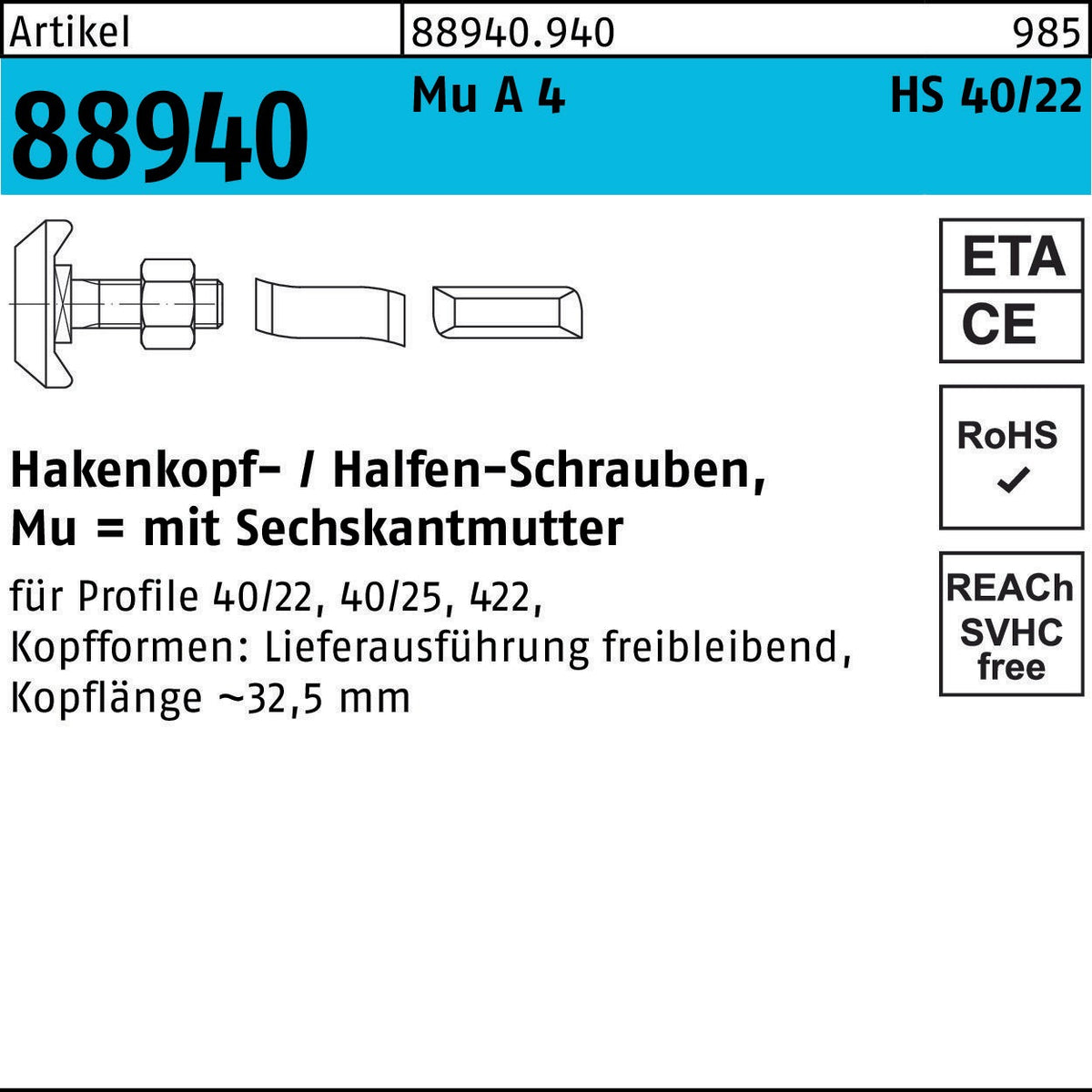 HALFEN Hammerkopfschraube R 88940 Typ 40/22 M10 x 30 mm mit Sechskantmutter