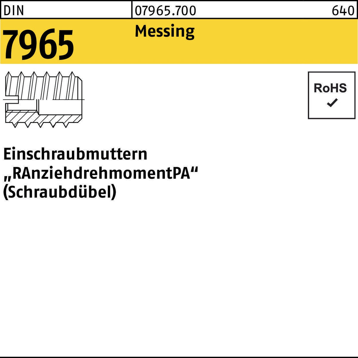 Einschraubmutter DIN 7965 M3 x 8 mm aus Messing von RAMPA – 100 Stück