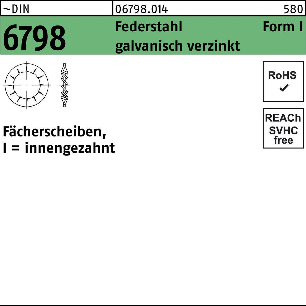 Fächerscheibe DIN 6798 Form I innengezahnt 6,4 mm Federstahl verzinkt 2000 Stück