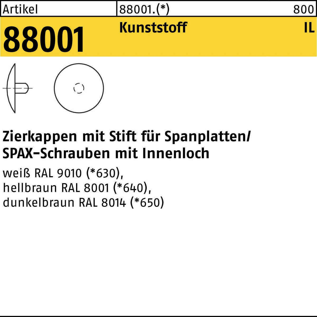 REYHER Zierkappe R 88001 mit Stift 2,5 x 12 mm, Kunststoff