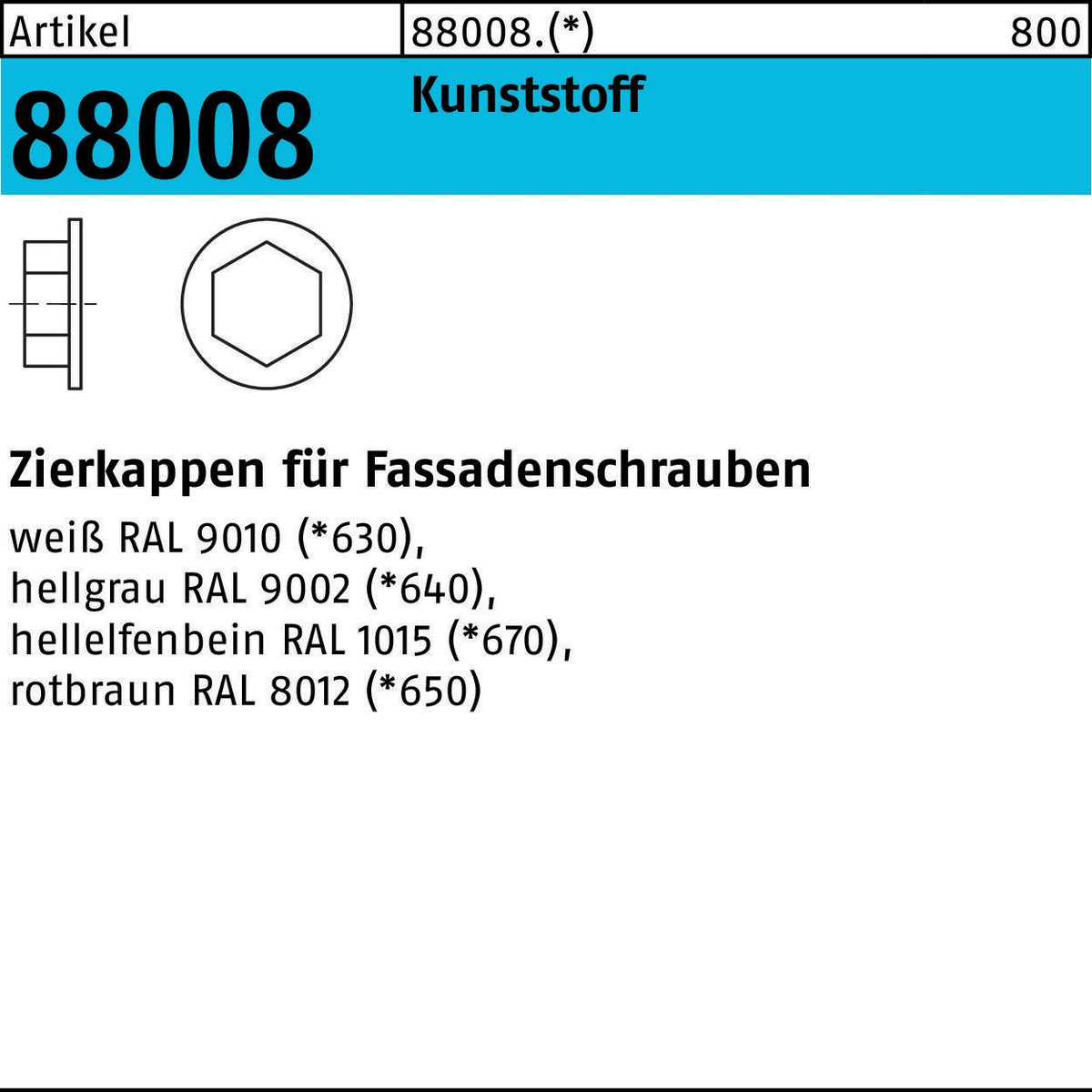REYHER Zierkappe R 88008 für Fassadenschrauben SW 3/8, Kunststoff weiß