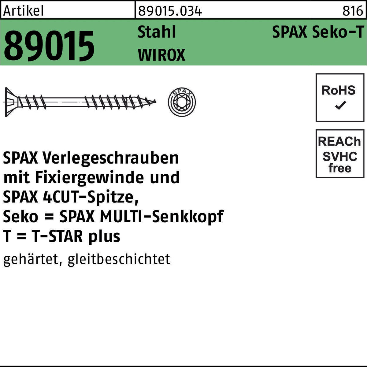 SPAX Seko-T Verlegeschraube 4,5 x 50 mm T-STAR T20 WIROX – 500 Stück