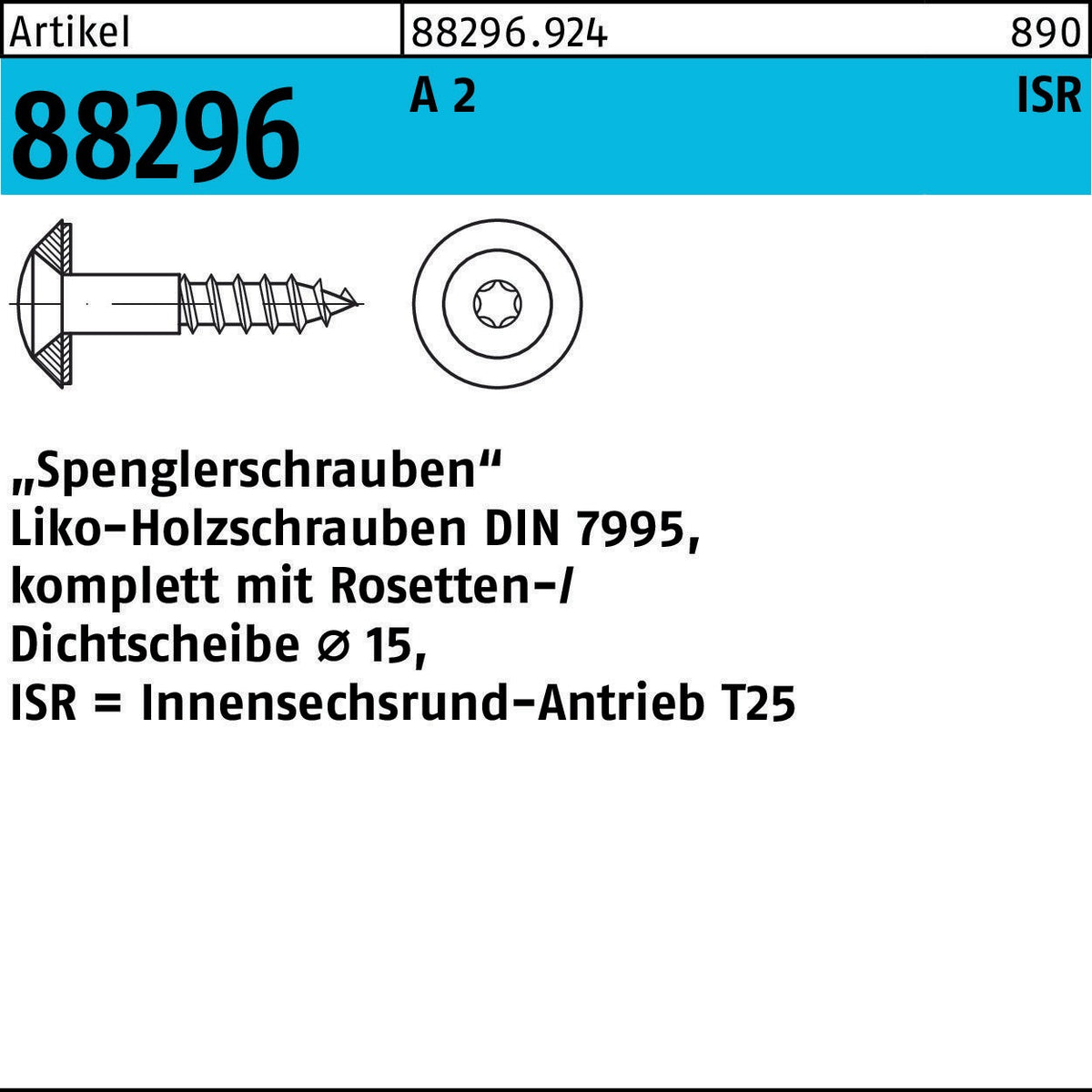 Spenglerschraube R 88296 Liko-Holzschraube 4,5x25 mm mit Dichtscheibe 15 mm, A2