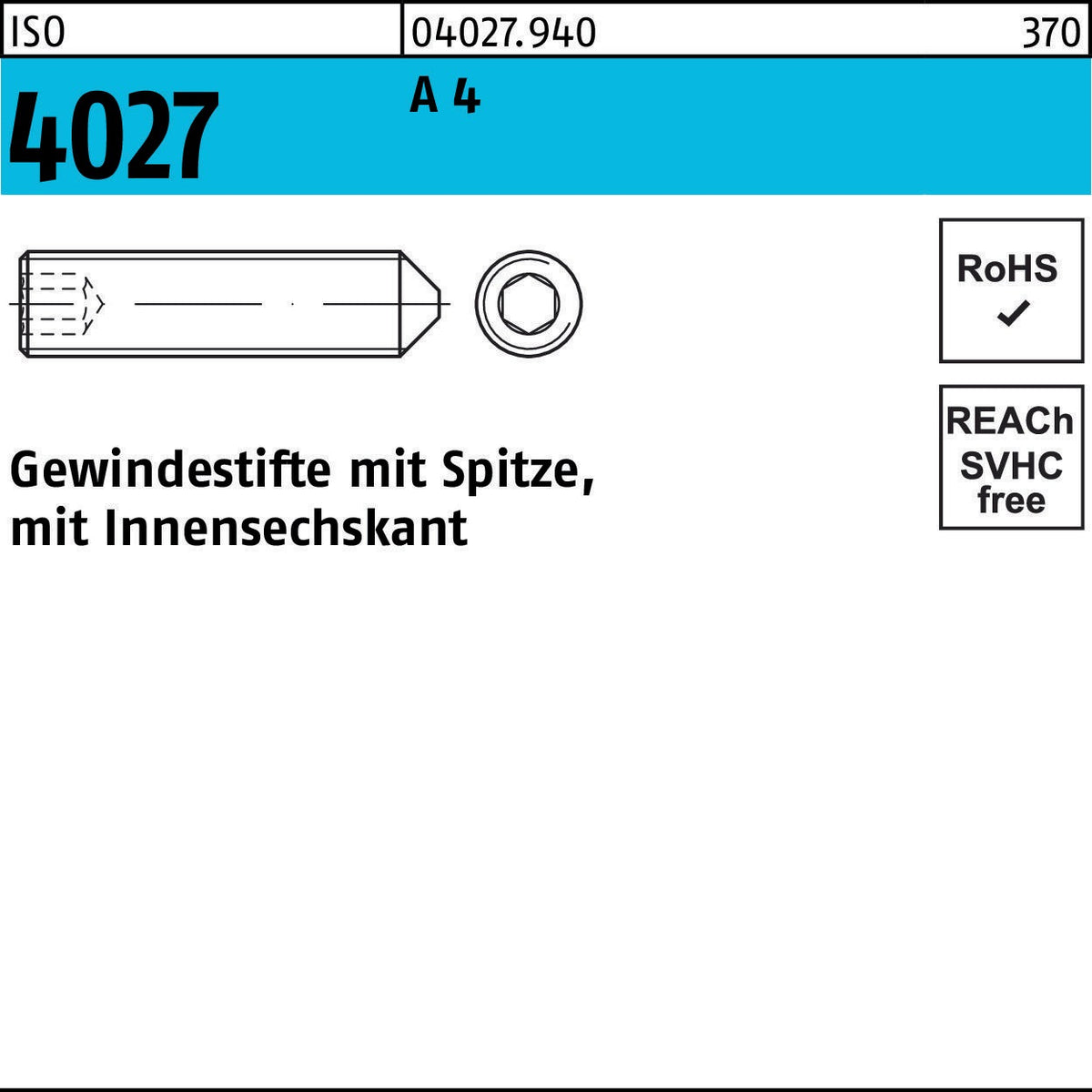 F. REYHER Gewindestift ISO 4027 Spitze/Innensechskant M12x35 A4