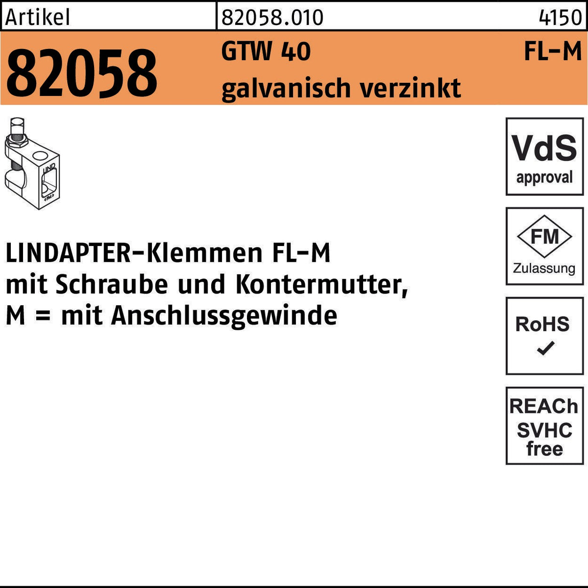 LINDAPTER Klemme R 82058 GTW 40 FL-M galvanisch verzinkt mit Anschlussgewinde M6