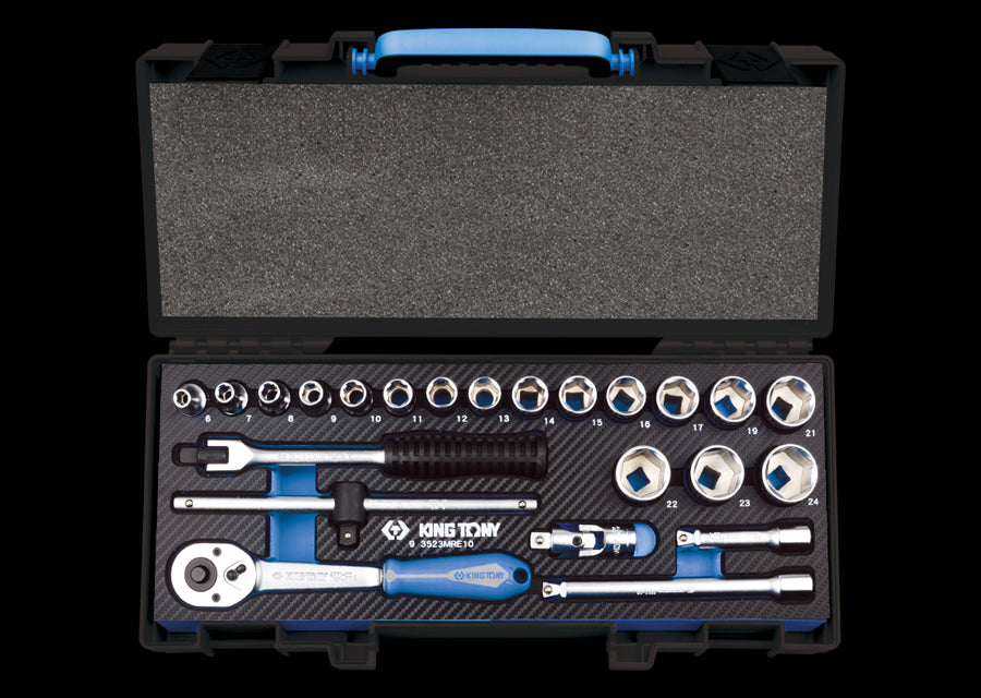 KING TONY Profi-Werkzeuge - 3/8" 6-Kant Steckschlüssel-Set, EVAWAVE, Zubehör - 23 tlg. 3523MRE10