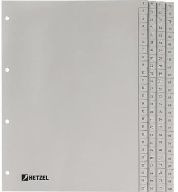 HETZEL Zahlenregister 1-52 DIN A4 grau – 52-teiliges PP-Register mit Universallochung
