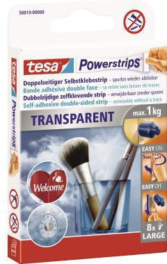 tesa Powerstrips Large 58810-00000 – 8 transparente Klebepads, UV-beständig, bis 1 kg
