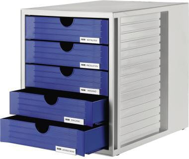 HAN SYSTEMBOX Schubladenbox 5 Schübe DIN C4 lichtgrau/blau – Made in Germany