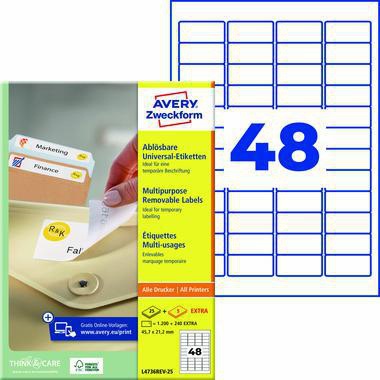 Avery Zweckform Universaletiketten 45,7 x 21,2 mm, 1.440 Stück, wiederablösbar, weiß