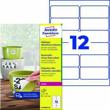 Avery Zweckform Folienetiketten L4776REV-20, 99,1 x 42,3 mm, weiß, 240 Stück, reiß- und wasserfest