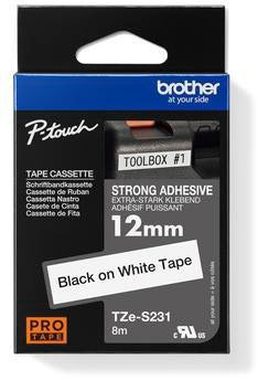 Brother Schriftbandkassette TZe-S231 12mm x 8m laminiert – extra stark klebend, schwarz auf weiß