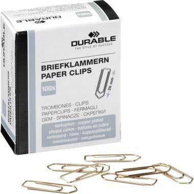 DURABLE Briefklammer 26 mm verkupfert – 100 Stück spitze Form für präzises Heften