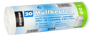 PAPSTAR Müllbeutel 72 x 60 cm, 60 l, LDPE, weiß, 20 Stück pro Packung