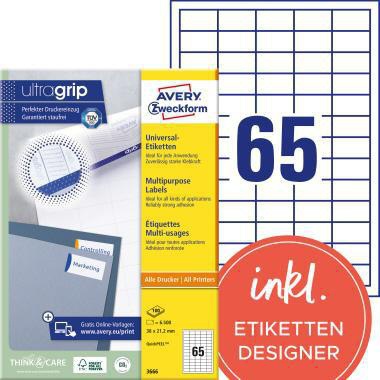 Avery Zweckform Universaletikett 3666 ultragrip 38x21,2 mm weiß 6.500 Stück