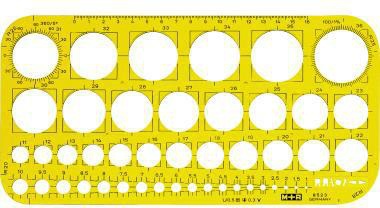 M+R Zeichenschablone 26 x 13 cm mit 45 Kreisen 1-36 mm, Polystyrol gelb transparent