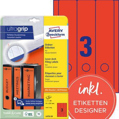 Avery Zweckform Ordnerrückenetikett L4753-20 ultragrip breit/lang 61 x 297 mm blau 60 Etiketten